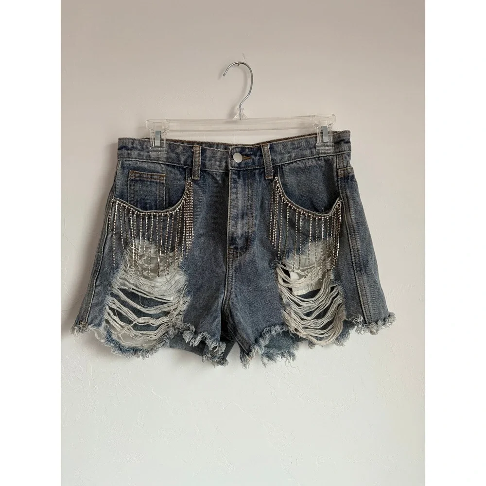 POL Distressed Light Blue Denim Jean Shorts with Silver Fringe - Picture 3 of 6